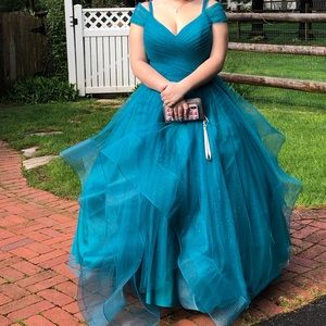 Turquoise layered tulle prom gown